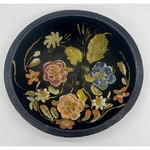 Vintage Hand painted Black And Floral‎ Carved Wooden Bowl